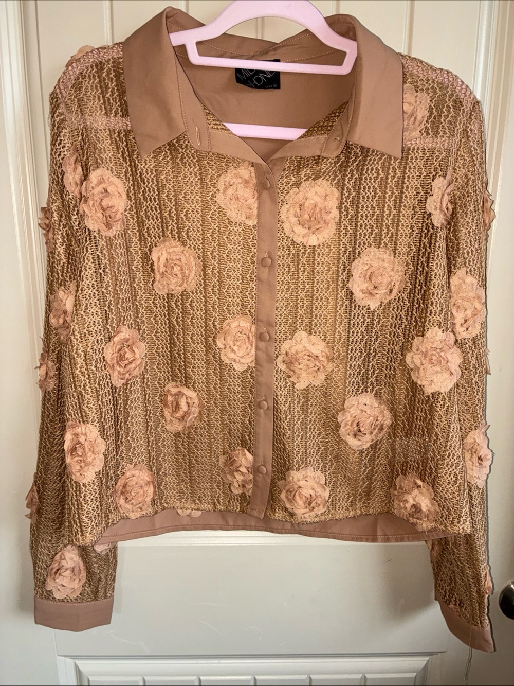 Floral Appliqué Button-Down Shirt in Blush Tan
